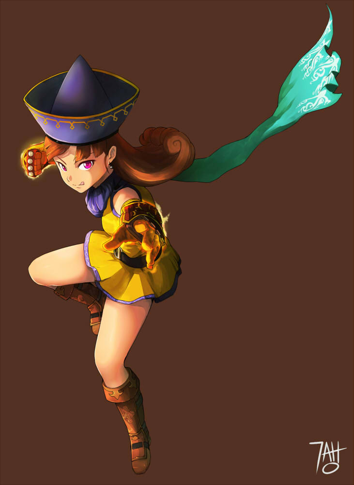 1girl alena_(dq4) cape commentary curly_hair dragon_quest dragon_quest_iv earrings gloves hat jewelry long_hair magic orange_hair skirt solo stefv yellow_skirt