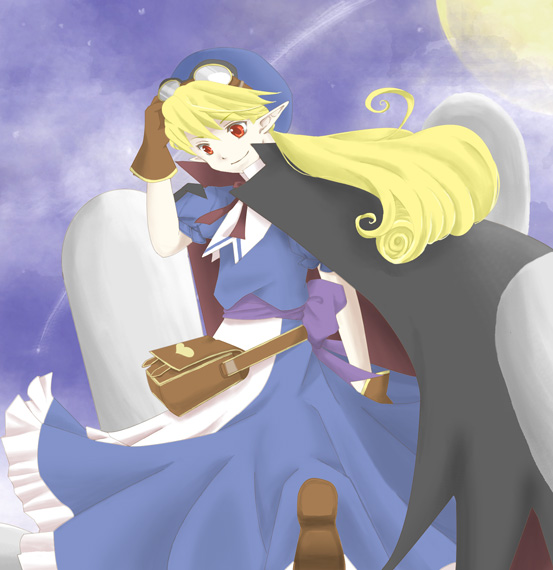 1girl aimi_(jb) bag blonde_hair blue_hat cape commentary_request dress gloves goggles hat long_hair marivel_armitage pointy_ears red_eyes smile solo vampire wild_arms wild_arms_2