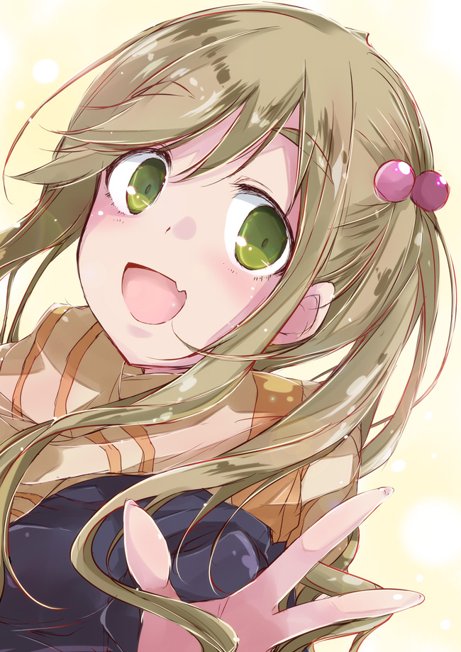 1girl :d bangs blue_coat blush brown_hair eyebrows_visible_through_hair fang fingernails green_eyes hair_bobbles hair_ornament inuyama_aoi long_hair looking_at_viewer open_mouth orange_scarf scarf side_ponytail sketch smile solo striped striped_scarf swept_bangs yellow_background yumesato_makura yurucamp