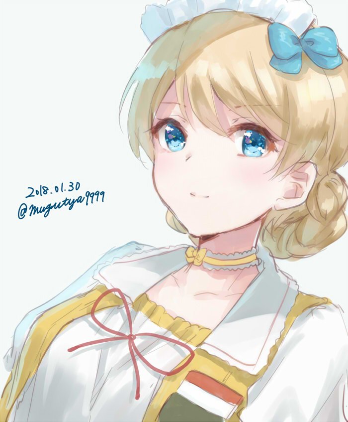 1girl artist_request blonde_hair blue_eyes bow choker coco's darjeeling dated girls_und_panzer hair_bow maid_headdress simple_background smile solo twitter_username upper_body white_background