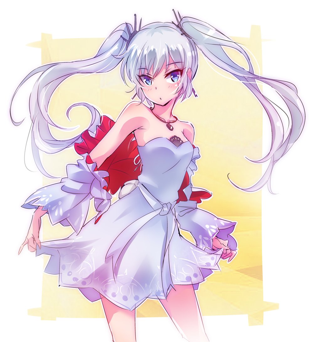 1girl bare_shoulders blue_eyes blush breasts capelet cowboy_shot detached_sleeves earrings eyebrows_visible_through_hair iesupa jewelry long_hair medium_breasts necktie outside_border rwby scar scar_across_eye solo twintails weiss_schnee white_border white_hair wide_sleeves