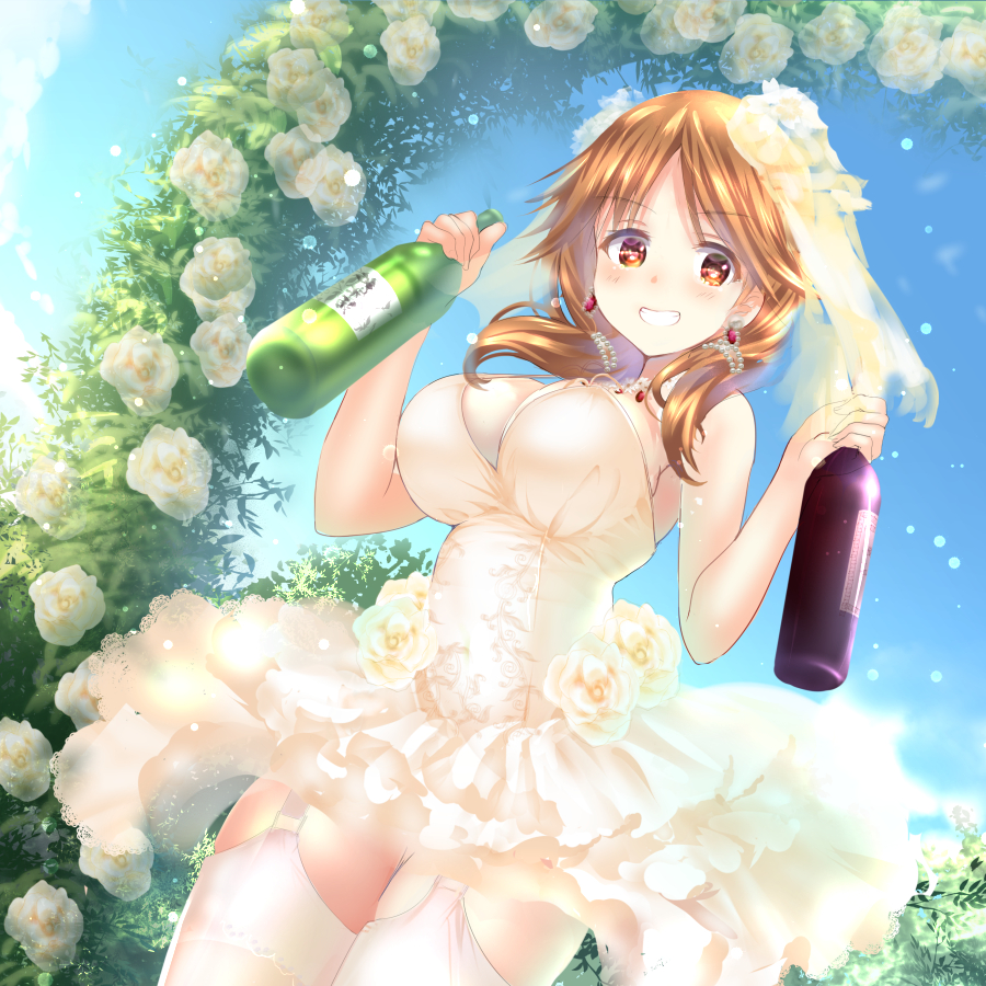 1girl alternate_costume bangs beads blue_sky bottle breasts brown_eyes brown_hair buckle bush clouds cowboy_shot day dress earrings eyebrows eyebrows_visible_through_hair flower from_below garter_straps gorua_(youce01) grin hair_beads hair_flower hair_ornament hair_over_shoulder holding idolmaster idolmaster_cinderella_girls jewelry katagiri_sanae lace lace-trimmed_dress large_breasts light_particles long_hair looking_at_viewer low_twintails necklace outdoors revision rose sake_bottle sky sleeveless sleeveless_dress smile solo strap_gap thigh-highs twintails veil wedding_dress white_dress white_flower white_legwear white_rose wine_bottle