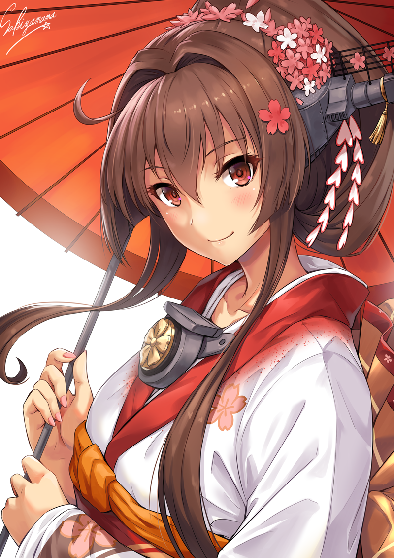 1girl ahoge bangs blush brown_eyes brown_hair closed_mouth eyebrows_visible_through_hair fingernails flower from_side hair_between_eyes hair_flower hair_intakes hair_ornament headgear holding japanese_clothes kantai_collection kimono long_hair long_sleeves looking_at_viewer looking_to_the_side obi oriental_umbrella sakiyamama sash signature simple_background smile solo umbrella upper_body white_background white_kimono yamato_(kantai_collection)