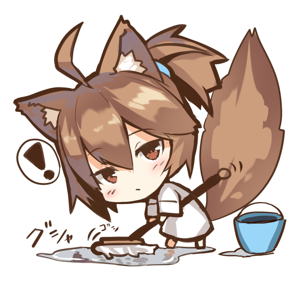 ! 1girl ahoge animal_ears bangs barefoot blush brown_eyes brown_hair bucket chibi cleaning closed_mouth dress eyebrows_visible_through_hair fox_ears fox_girl fox_tail full_body hair_between_eyes holding jitome long_sleeves looking_at_viewer looking_to_the_side mop original ponytail short_hair sidelocks solo spoken_exclamation_mark standing tail water white_dress yuuji_(yukimimi)