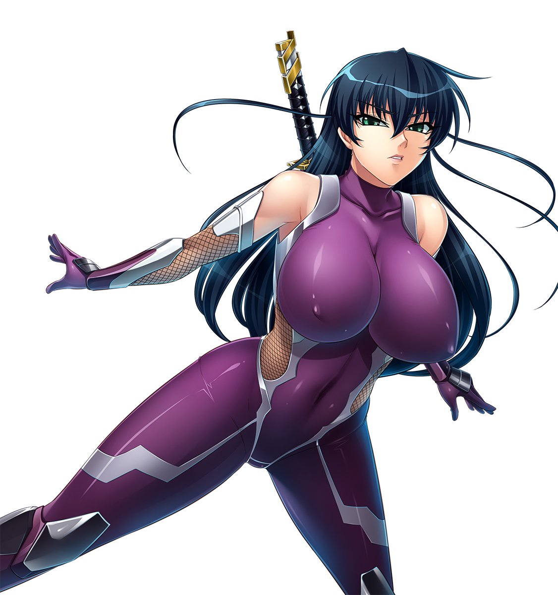 1girl aqua_eyes bangs bare_shoulders blue_hair bodysuit breasts commentary_request covered_collarbone covered_navel elbow_gloves erect_nipples eyebrows_visible_through_hair female fishnets gloves highres igawa_asagi impossible_bodysuit impossible_clothes kagami_hirotaka large_breasts long_hair looking_at_viewer official_art parted_lips purple_bodysuit purple_gloves shiny shiny_clothes shiny_hair simple_background skin_tight sleeveless sword taimanin_(series) taimanin_asagi thigh-highs turtleneck weapon weapon_on_back white_background