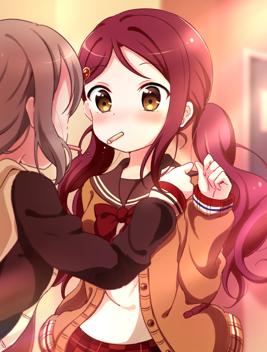 2girls alternate_hairstyle blurry blurry_background blush bow bowtie brown_eyes brown_hair brown_jacket brown_sailor_collar depth_of_field eyebrows_visible_through_hair food food_in_mouth hair_ornament hairclip hand_on_another's_shoulder highres indoors jacket long_hair long_sleeves love_live! love_live!_sunshine!! low_twintails mouth_hold multiple_girls open_clothes open_jacket pipette1223 pocky pocky_kiss red_bow red_neckwear redhead sailor_collar sakurauchi_riko shared_food shiny shiny_hair shirt short_hair sleeves_past_wrists solo_focus tareme twintails unbuttoned upper_body watanabe_you white_shirt yuri