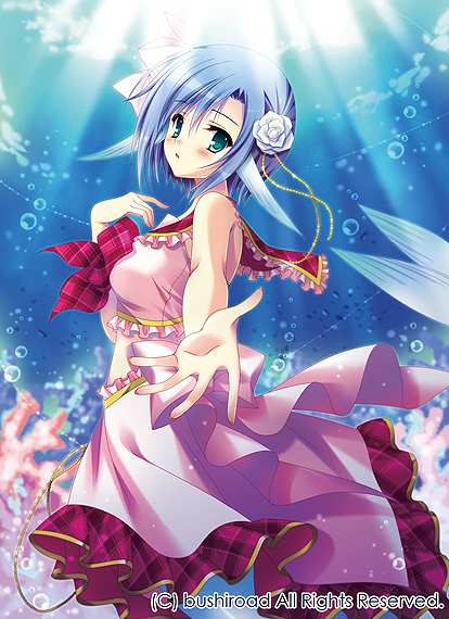 1girl blue_hair blush bow bowtie bubble cardfight!!_vanguard company_name coral flower green_eyes hair_flower hair_ornament head_fins mermaid midriff monster_girl official_art prism-image_clear sailor_collar tanihara_natsuki underwater