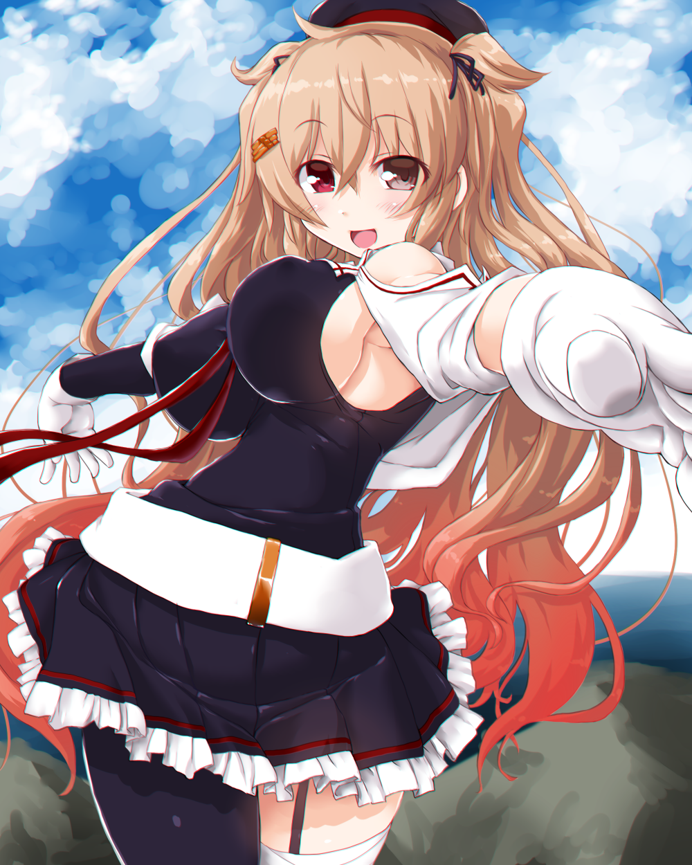 asymmetrical_clothes black_ribbon black_serafuku black_skirt breasts brown_eyes dd_(ijigendd) gloves gradient_hair heterochromia highres kantai_collection light_brown_hair long_hair looking_at_viewer multicolored_hair murasame_(kantai_collection) neckerchief pleated_skirt red_eyes remodel_(kantai_collection) ribbon school_uniform serafuku sideboob skirt smile twintails two_side_up white_gloves