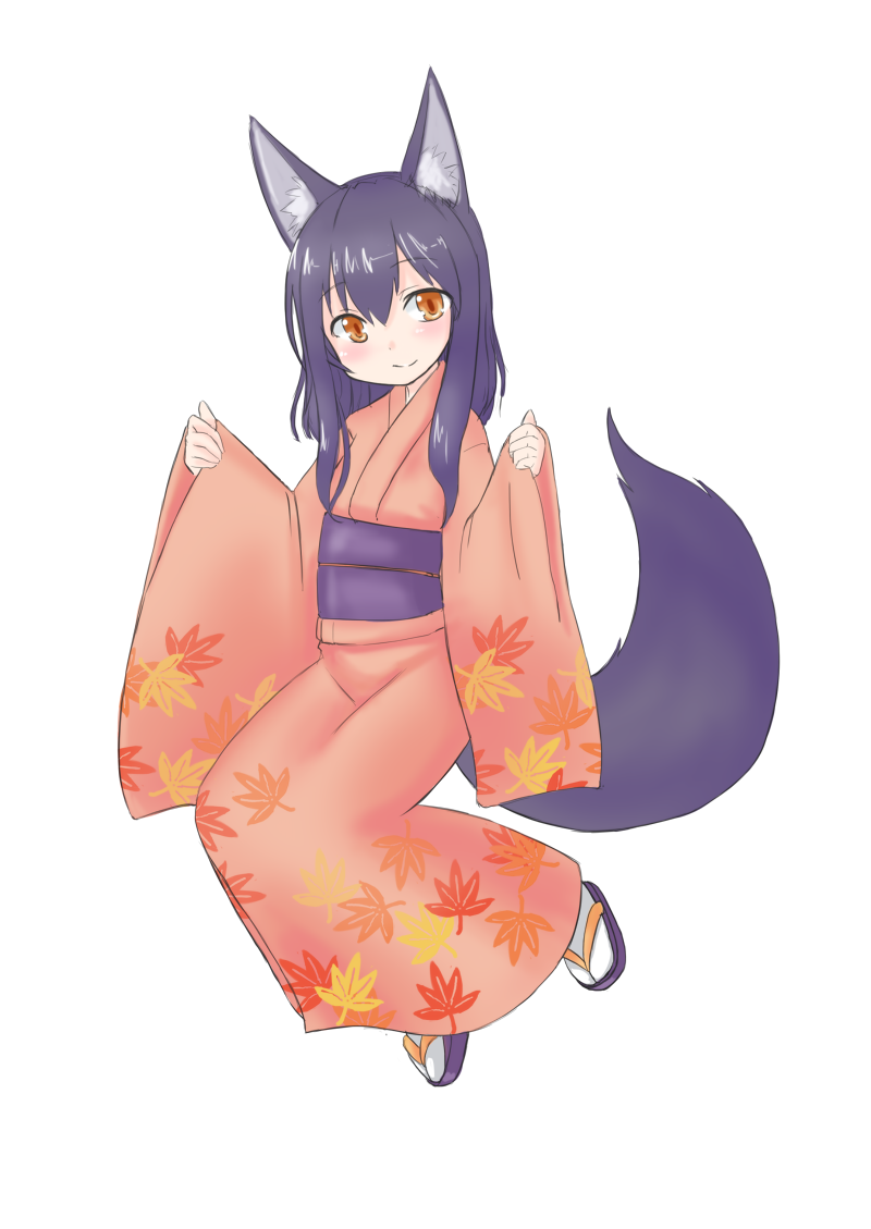 1girl animal_ears bangs blush brown_eyes closed_mouth commentary_request eyebrows_visible_through_hair floral_print fox_ears fox_girl fox_tail full_body hair_between_eyes head_tilt japanese_clothes kimono kurotsutsuki long_hair long_sleeves looking_at_viewer obi original pinching_sleeves pink_kimono print_kimono purple_footwear purple_hair sash simple_background smile socks solo tabi tail white_background white_legwear wide_sleeves zouri