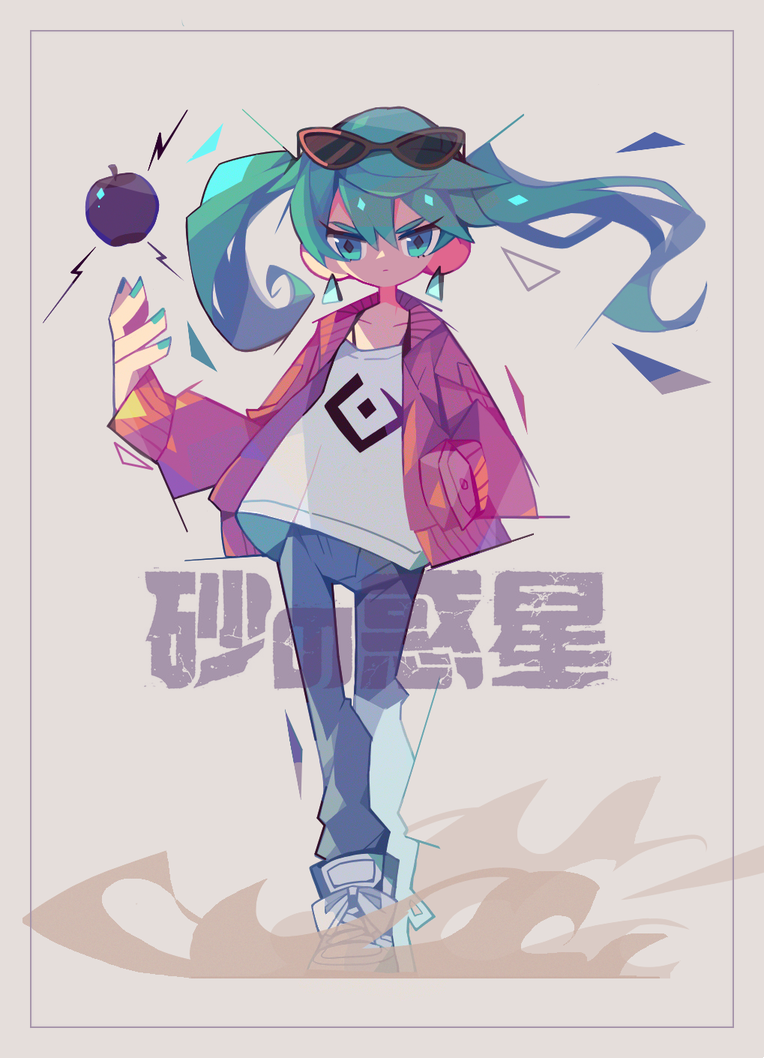 1girl amakusa_(hidorozoa) bangs blue_nails blue_pants brown_jacket closed_mouth earrings eyewear_on_head floating_hair green_eyes green_hair grey_background hand_up hatsune_miku jacket jewelry long_hair long_sleeves looking_at_viewer nail_polish pants sand shirt shoes solo standing suna_no_wakusei_(vocaloid) sunglasses twintails vocaloid white_shirt