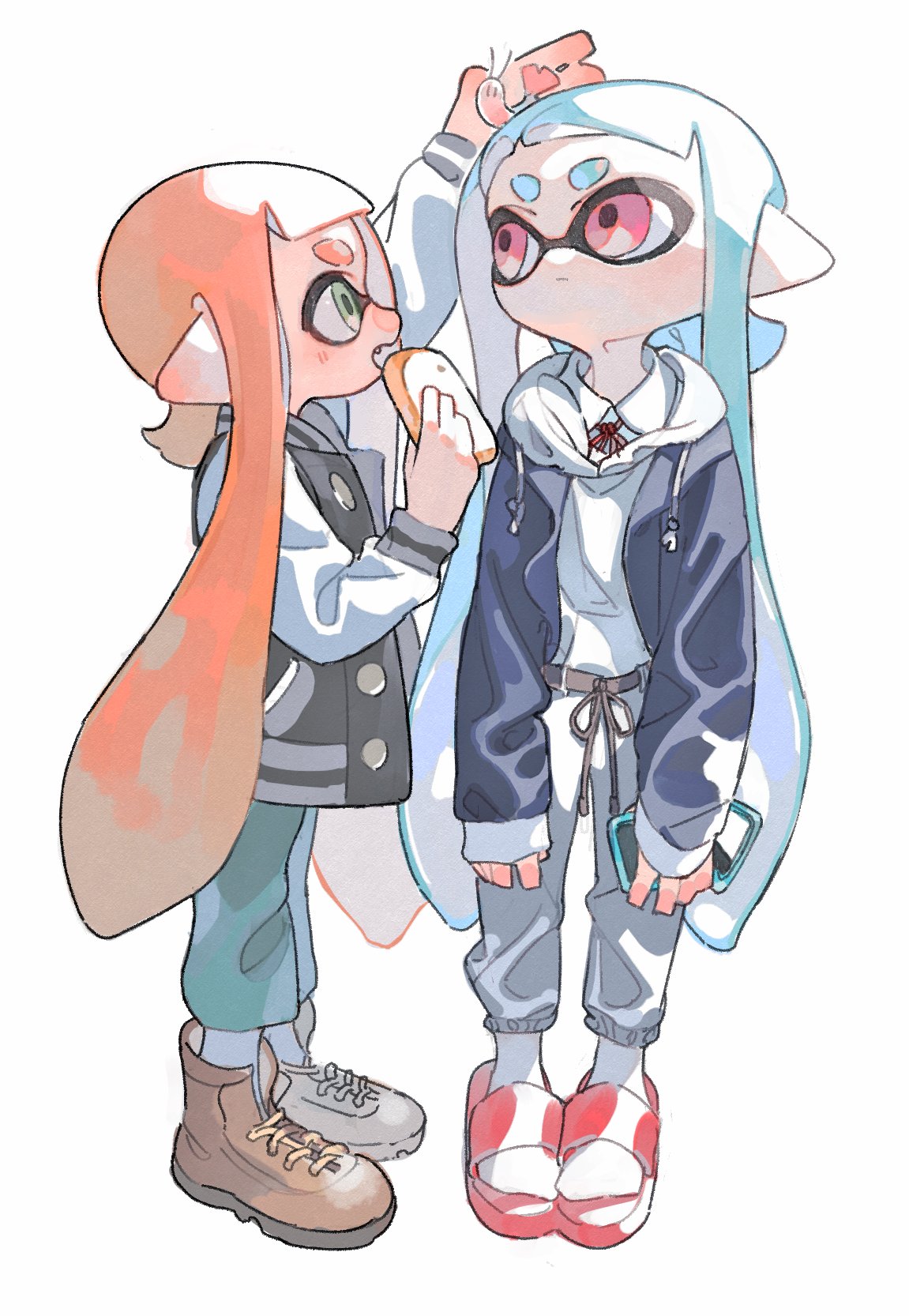 2girls aqua_hair aspara bangs blunt_bangs closed_mouth domino_mask eating green_eyes hand_on_another's_head highres holding inkling jacket long_hair mask multiple_girls on_head open_mouth orange_hair pants pointy_ears red_eyes sandals shirt shoes shrimp simple_background socks splatoon squid tentacle_hair white_background white_shirt