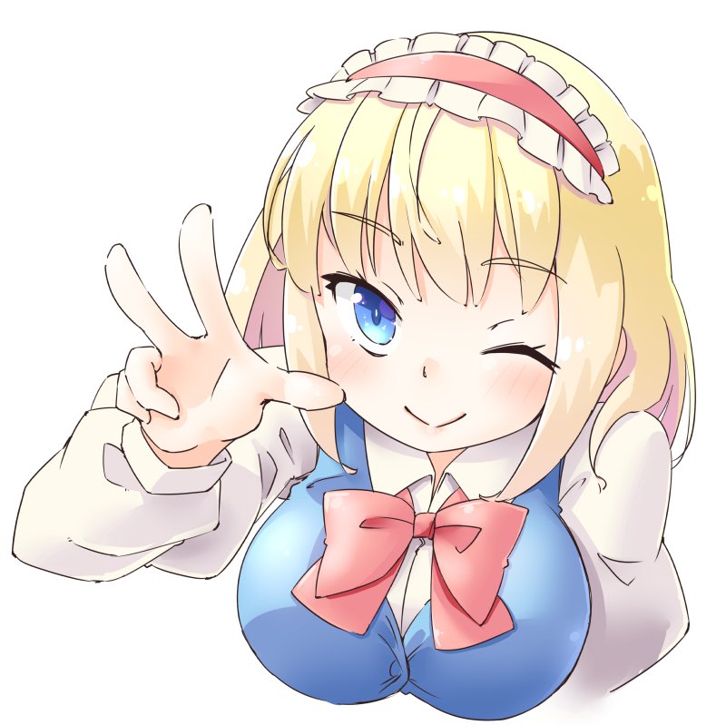 1girl alice_margatroid arnest blonde_hair blue_eyes blue_vest bow bowtie breasts closed_mouth collared_shirt commentary eyebrows_visible_through_hair frills hairband large_breasts long_sleeves looking_at_viewer one_eye_closed red_bow shirt simple_background smile solo touhou vest white_background white_shirt