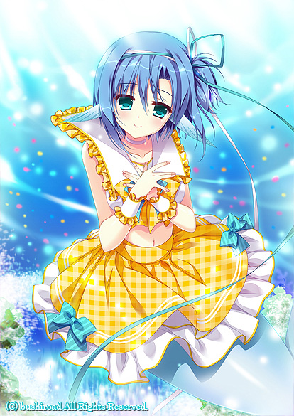 1girl blue_eyes blue_hair bow bowtie bracelet cardfight!!_vanguard company_name coral hairband head_fins jewelry mermaid midriff monster_girl navel official_art prism-image_sunshine_clear sailor_collar side_ponytail tanihara_natsuki underwater