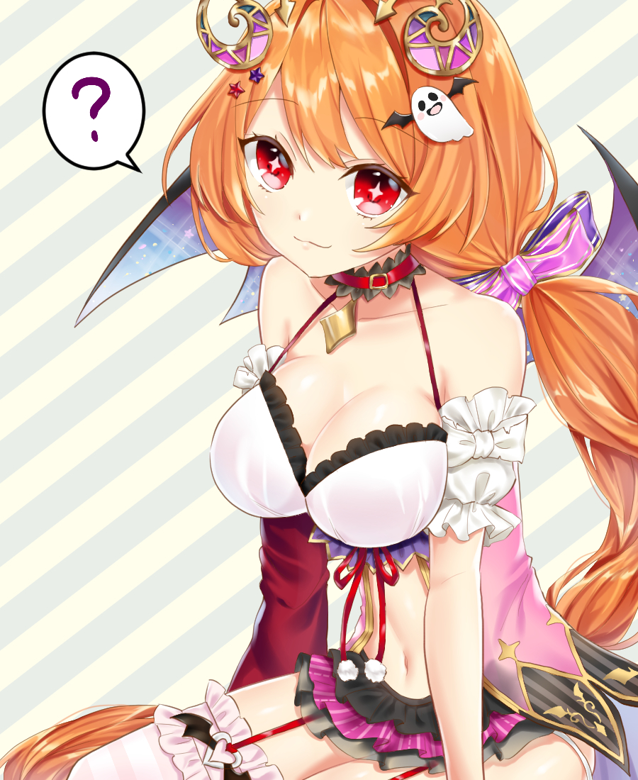 1girl :3 arm_support asymmetrical_sleeves bangs bat_wings black_wings breasts cleavage collarbone cowboy_shot detached_collar detached_sleeves eyebrows_visible_through_hair from_side garter_straps hair_ornament ingen_mome long_hair looking_at_viewer low-tied_long_hair microskirt midriff navel orange_hair pleated_skirt red_eyes shironeko_project sitting skirt spaghetti_strap striped striped_legwear thigh-highs wings zettai_ryouiki