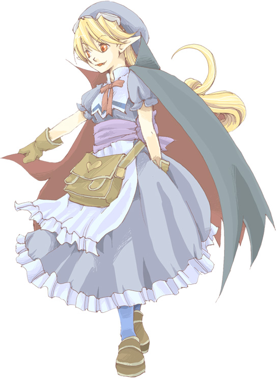 1girl artist_request bag blonde_hair blue_hat breasts cape dress gloves goggles hat long_hair marivel_armitage pointy_ears red_eyes smile solo source_request vampire wild_arms wild_arms_2