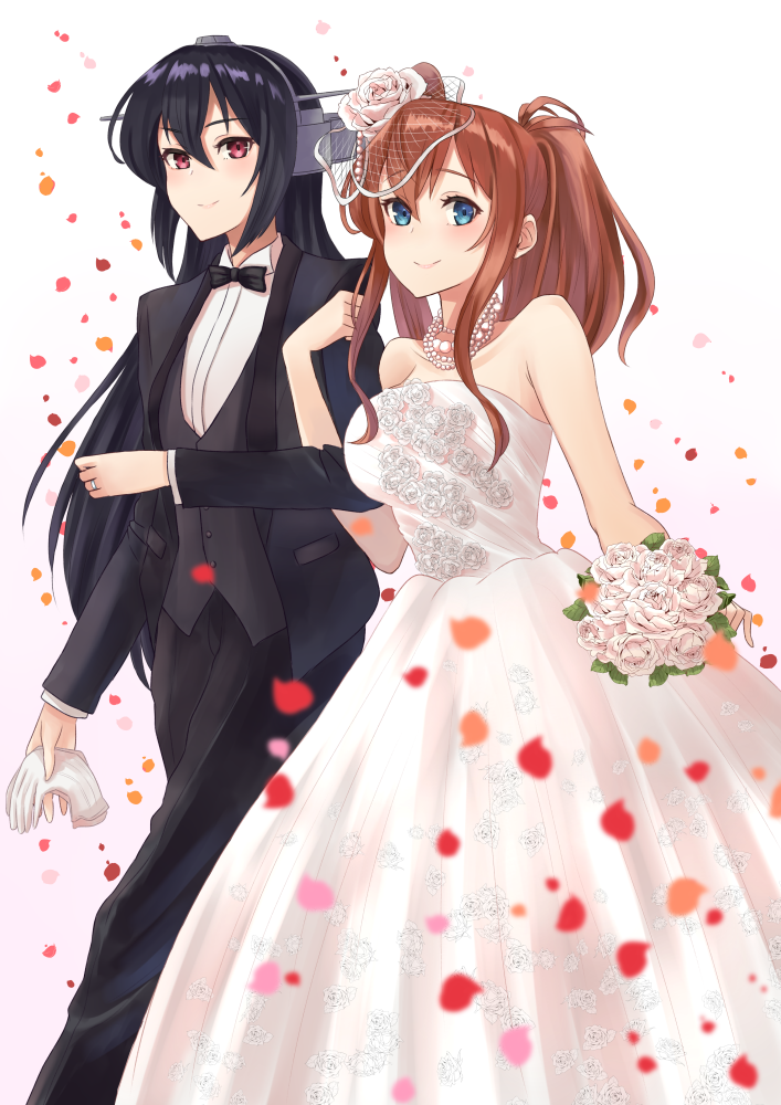 2girls black_hair blue_eyes bouquet brown_hair dress flower gloves gloves_removed headgear itsuwa_(continue) jewelry kantai_collection long_hair looking_at_viewer multiple_girls nagato_(kantai_collection) petals ponytail red_eyes ring rose saratoga_(kantai_collection) side_ponytail sidelocks simple_background smile strapless strapless_dress tuxedo wedding_band wedding_dress white_background white_dress white_flower white_gloves white_rose wife_and_wife yuri