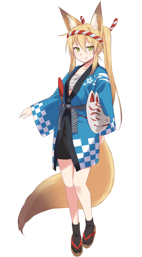 1girl animal_ears bangs black_legwear blonde_hair closed_mouth commentary_request eyebrows_visible_through_hair fang fang_out fox_ears fox_girl fox_mask fox_tail green_eyes hair_between_eyes happi japanese_clothes long_hair looking_at_viewer mask mask_removed original ponytail robe sandals sarashi sidelocks simple_background smile socks solo standing tabi tail tamakagura_inari white_background yagi_(ningen)