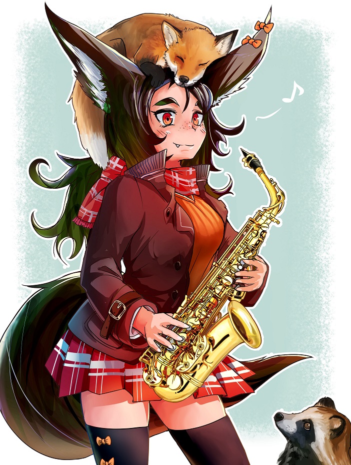 1girl animal animal_ears animal_on_head black_jacket black_legwear blue_background bow brown_hair doitsuken ear_ribbon fang fang_out fox fox_ears fox_tail holding holding_instrument instrument jacket long_hair long_sleeves looking_at_viewer musical_note on_head orange_sweater original red_eyes red_scarf red_skirt ribbed_sweater saxophone scarf skirt sleeping smile solo spoken_musical_note standing sweater tail tanuki thigh-highs zettai_ryouiki