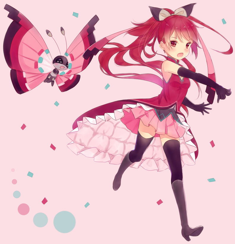 1girl :d bare_shoulders black_footwear black_gloves blush boots bow crossover dress elbow_gloves frilled_dress frills gloves hair_bow hitsukuya long_hair mahou_shoujo_madoka_magica open_mouth pink_background pokemon pokemon_(creature) ponytail red_dress red_eyes redhead sakura_kyouko sleeveless sleeveless_dress smile thigh-highs thigh_boots very_long_hair vivillon