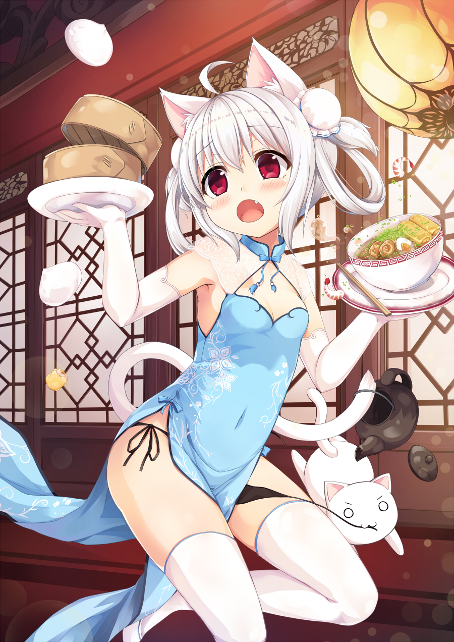 1girl ahoge animal animal_ears bangs baozi black_panties blue_dress blush bowl breasts bun_cover cat cat_ears cat_tail china_dress chinese_clothes chopsticks cleavage covered_navel detached_collar double_bun dress elbow_gloves eyebrows_visible_through_hair fang food gloves hair_rings highres holding holding_tray indoors leg_up looking_at_viewer noodles open_mouth original panties plate ramen red_eyes sakuraba_hikaru_(loveindog) shoes short_hair shrimp side-tie_panties sleeveless sleeveless_dress small_breasts solo standing standing_on_one_leg tail teapot thigh-highs tray underwear untied untied_panties waitress water_drop white_gloves white_hair white_legwear