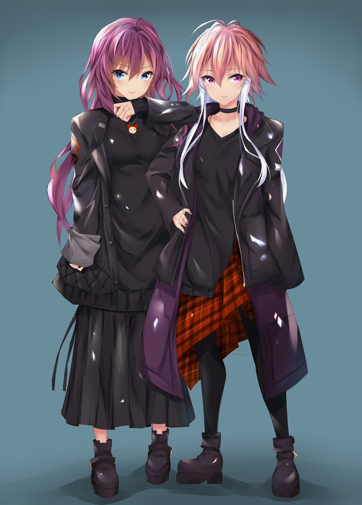 2girls black_footwear black_legwear black_nails blue_eyes blush boots brown_hair choker coat full_body hair_between_eyes hand_on_hip ichinose_shiki idolmaster idolmaster_cinderella_girls long_hair looking_at_viewer multicolored_hair multiple_girls nail_polish ninomiya_asuka pantyhose plaid plaid_skirt seedkeng simple_background skirt smile standing twintails two-tone_hair ueki-chan violet_eyes wavy_hair