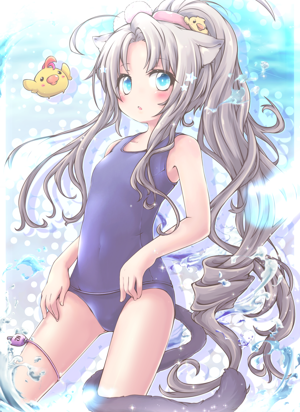 1girl akino_coto animal_ears bird blue_eyes cat_ears cat_tail chicken contrapposto cowboy_shot drill_hair flat_chest highres looking_at_viewer original ponytail revision school_swimsuit silver_hair solo standing swimsuit tail water