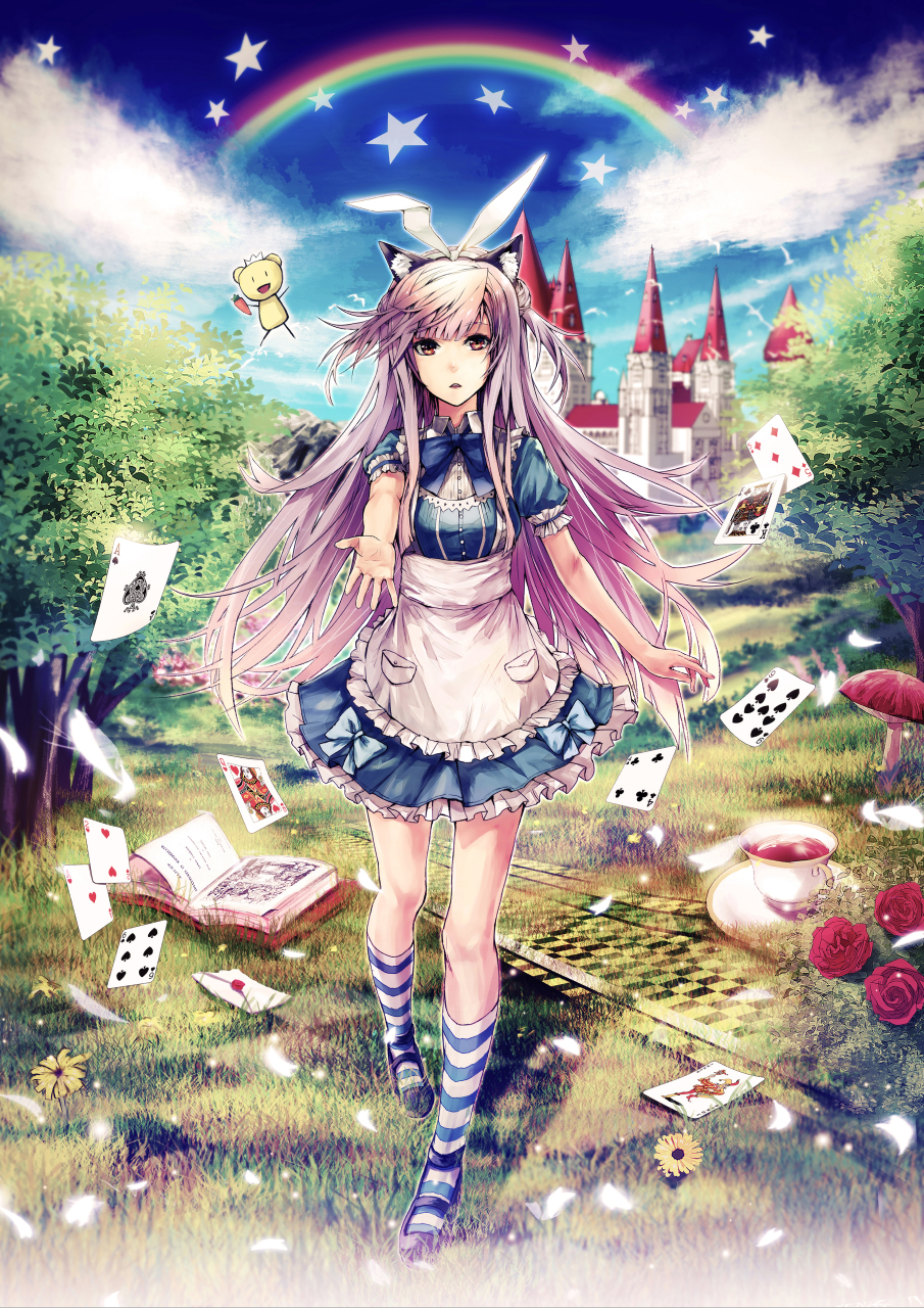 1girl alice_in_wonderland applekun apron book card castle clouds cloudy_sky cup day envelope flower frilled_apron frills hairband highres long_hair maid mary_janes mushroom neck_ribbon official_art original outdoors pigeon-toed purple_hair rainbow reaching ribbon rose shoes short_sleeves sky striped striped_legwear teacup waist_apron walking white_apron