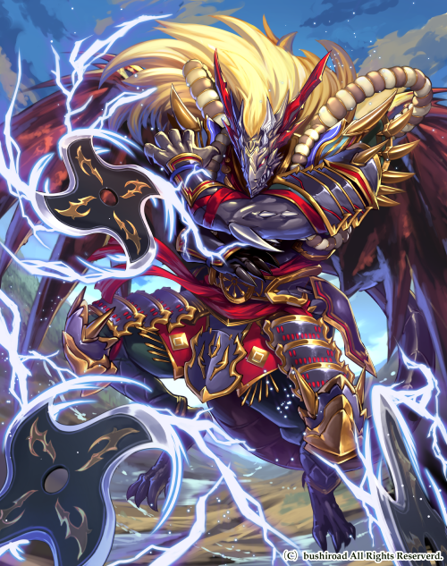 1boy armor bat_wings blonde_hair cardfight!!_vanguard company_name dragon dragon_tail electricity fangs horns japanese_armor japanese_clothes kazto_furuya long_hair male_focus official_art red_sclera shuriken sky stealth_dragon_mangy_shooter tail wings yellow_eyes