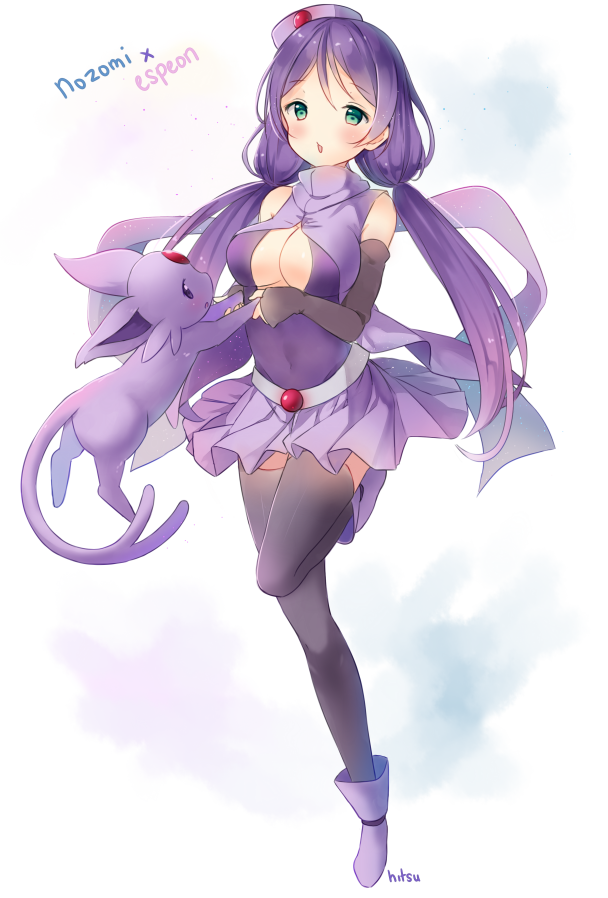 bare_shoulders blush boots breasts character_name commentary covered_navel crossover detached_sleeves espeon eyebrows_visible_through_hair green_eyes hat hitsukuya holding large_breasts long_hair looking_at_viewer love_live! love_live!_school_idol_project low_twintails pokemon purple_footwear purple_hair purple_legwear purple_skirt signature skirt smile standing standing_on_one_leg thigh-highs toujou_nozomi twintails