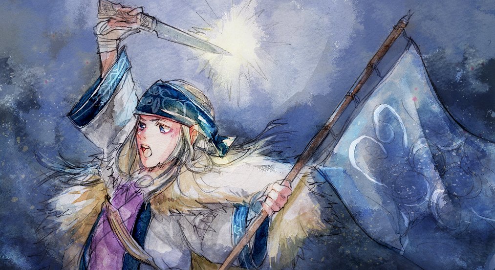 1girl ainu ainu_clothes angry asirpa bandanna bangs black_hair blue_eyes cape child commentary earrings flag fur_cape golden_kamuy holding holding_knife holding_weapon hoop_earrings jewelry knife long_hair parted_bangs takaynno traditional_media weapon wind wind_lift