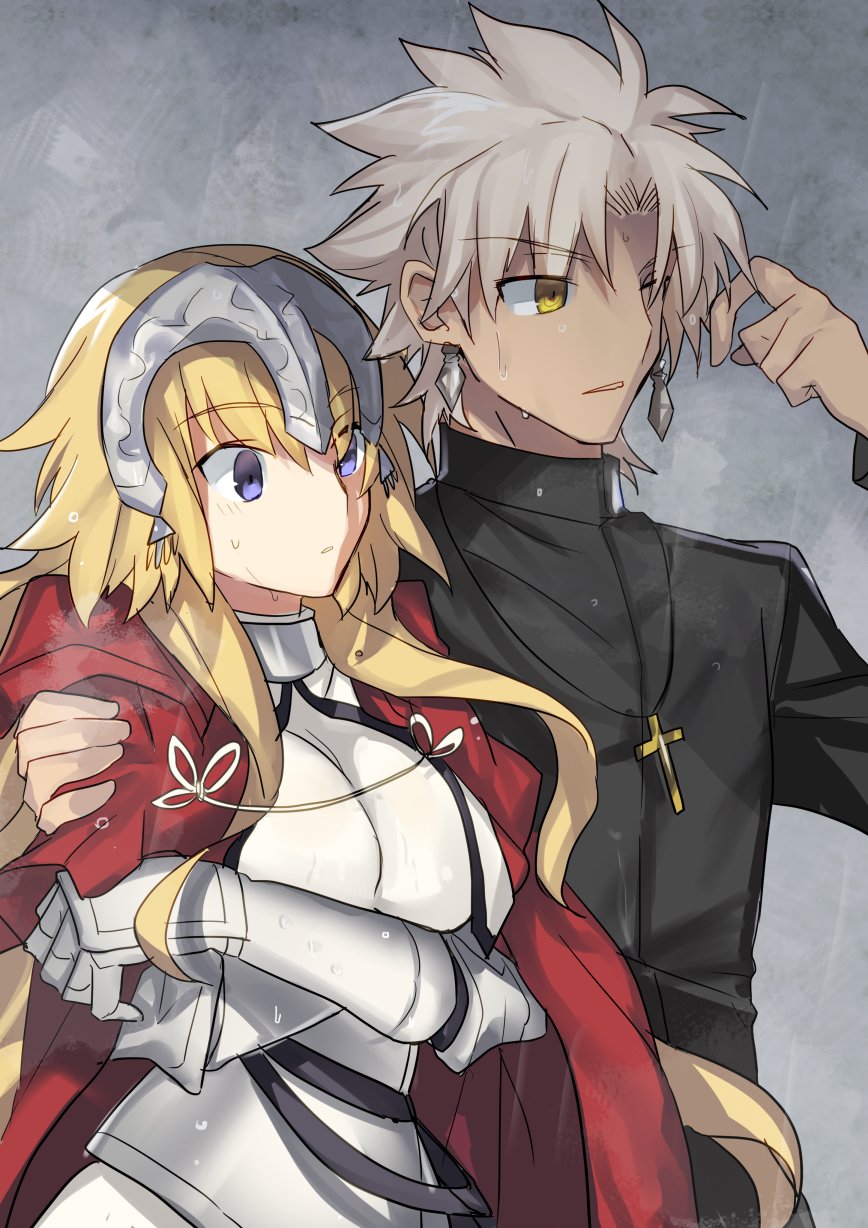 1boy 1girl amakusa_shirou_(fate) armor armored_dress black_jacket blonde_hair blue_eyes cape commentary_request cross cross_necklace dark_skin dress earrings eyebrows_visible_through_hair fate/apocrypha fate/grand_order fate_(series) hand_on_another's_shoulder highres jacket jeanne_d'arc_(fate) jeanne_d'arc_(fate)_(all) jewelry long_hair necklace nikame one_eye_closed rain red_cape simple_background surprised very_long_hair wet white_armor white_dress white_hair yellow_eyes