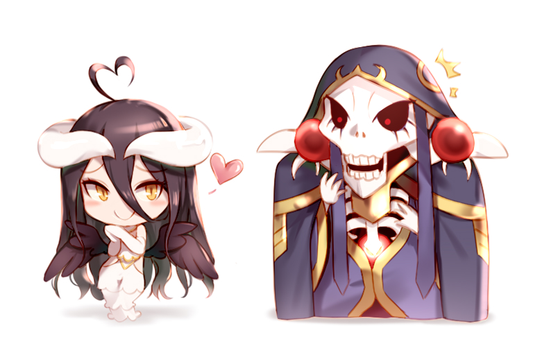 /\/\/\ 1boy 1girl ahoge ainz_ooal_gown albedo bare_shoulders black_hair black_sclera blush_stickers chibi closed_mouth demon_girl dress elbow_gloves eyebrows_visible_through_hair gloves hair_between_eyes hand_up heart heart_ahoge hood hood_up horns kyuri_tizu long_hair looking_at_another overlord_(maruyama) own_hands_together red_eyes robe sanpaku simple_background skeleton smile standing white_background white_dress wings