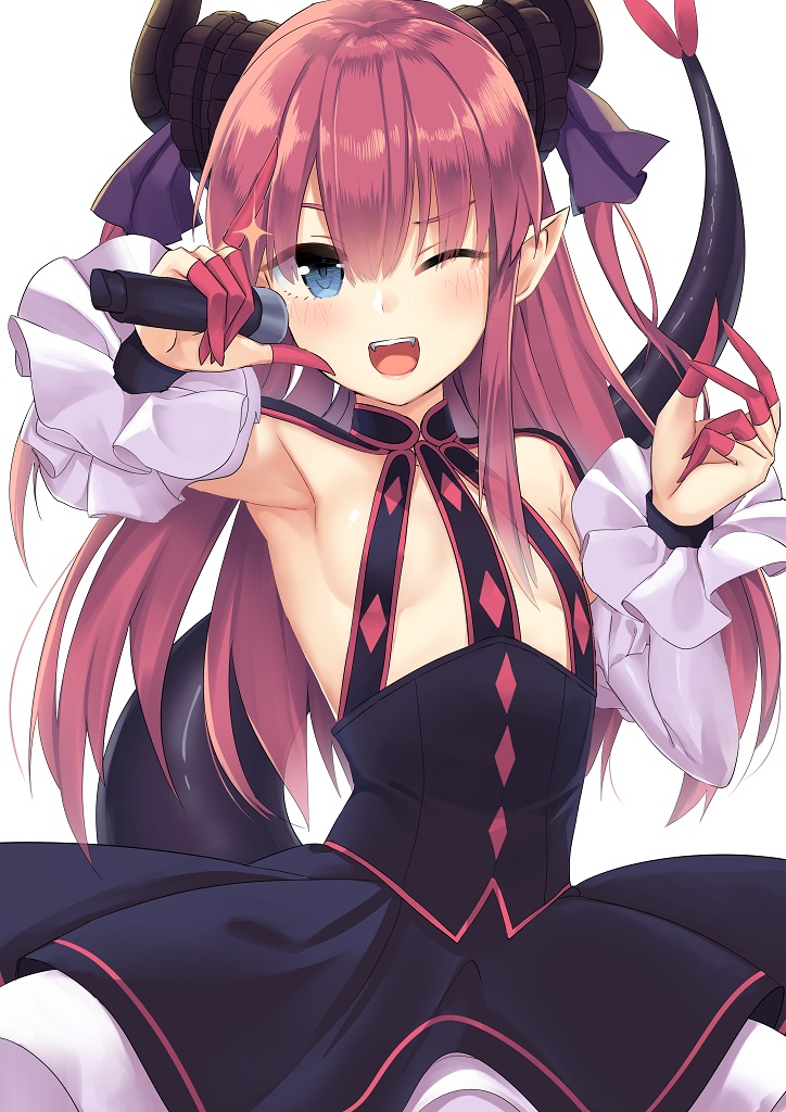1girl ;d arm_up armpits bangs black_dress blue_eyes blush breasts curled_horns detached_sleeves dragon_tail dress elizabeth_bathory_(fate) elizabeth_bathory_(fate)_(all) eyebrows_visible_through_hair fangs fate/grand_order fate_(series) frilled_sleeves frills hair_ribbon holding holding_microphone jun_project layered_dress long_hair long_sleeves looking_at_viewer microphone music one_eye_closed open_mouth pink_hair pointy_ears purple_ribbon ribbon shiny shiny_hair shiny_skin singing single_sidelock small_breasts smile solo sparkle tail tail_raised upper_body upper_teeth