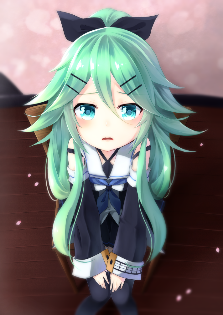 1girl aqua_eyes black_legwear commentary_request detached_sleeves from_above green_hair hair_between_eyes hair_ornament hair_ribbon hairclip kantai_collection koko_ne_(user_fpm6842) long_hair looking_at_viewer looking_up petals pleated_skirt ribbon school_uniform serafuku sitting skirt solo thigh-highs wooden_chair wooden_floor yamakaze_(kantai_collection)