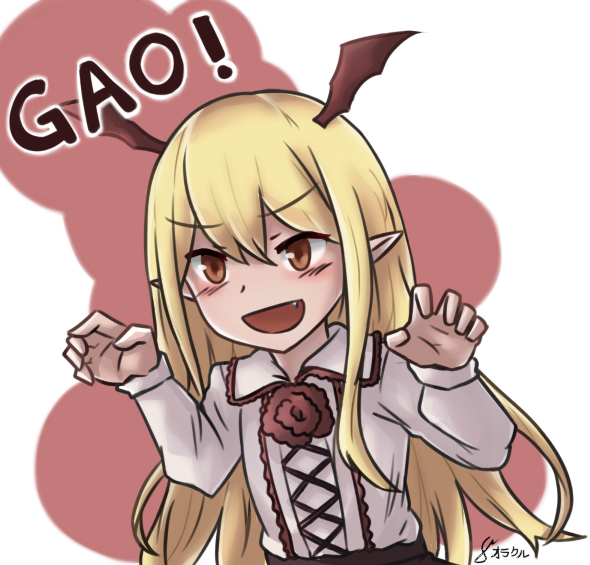1girl :d bat_wings blonde_hair blush brown_eyes brown_wings claw_pose commentary_request fang granblue_fantasy hands_up head_wings long_hair long_sleeves open_mouth orakuru pointy_ears romaji shirt signature smile solo upper_body v-shaped_eyebrows vampy very_long_hair white_shirt wings
