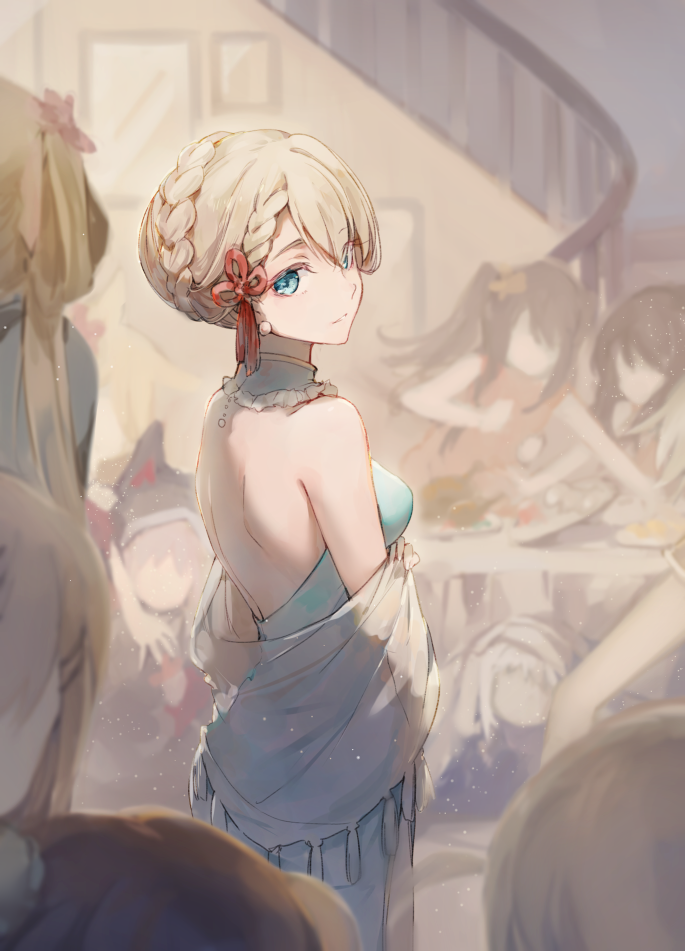 6+girls alternate_costume alternate_hairstyle backless_outfit bangs blonde_hair blue_dress blue_eyes blush braid breasts character_request china_dress chinese_clothes closed_mouth dress earrings eyebrows_visible_through_hair eyeshadow french_braid from_side g36_(girls_frontline) girls_frontline hair_between_eyes halter_dress holding_clothes indoors jewelry light_particles long_hair looking_at_viewer looking_back m1903_springfield_(girls_frontline) makeup multiple_girls open-back_dress qbz-95_(girls_frontline) qbz-97_(girls_frontline) shawl shoulder_blades shuzi side_braid smile solo solo_focus stairs