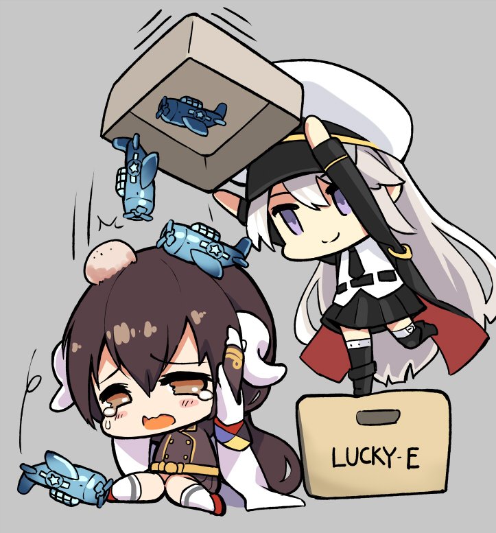 2girls aircraft airplane azur_lane blush box brown_eyes brown_hair chibi coat commentary crying crying_with_eyes_open enterprise_(azur_lane) hands_on_own_head hat horns long_hair long_sleeves mikasa_(azur_lane) multiple_girls necktie peaked_cap phandit_thirathon sitting smile standing standing_on_one_leg tears violet_eyes wariza white_hair z_flag