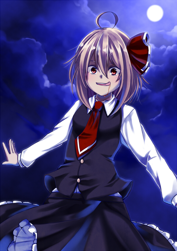 1girl :d ahoge black_skirt blonde_hair blood blood_from_mouth blouse bow clouds cloudy_sky commentary_request full_moon hair_between_eyes hair_bow huleito licking_lips moon necktie open_mouth outstretched_arms red_bow red_eyes red_neckwear rumia short_hair skirt sky smile solo tongue tongue_out touhou vest white_blouse wing_collar