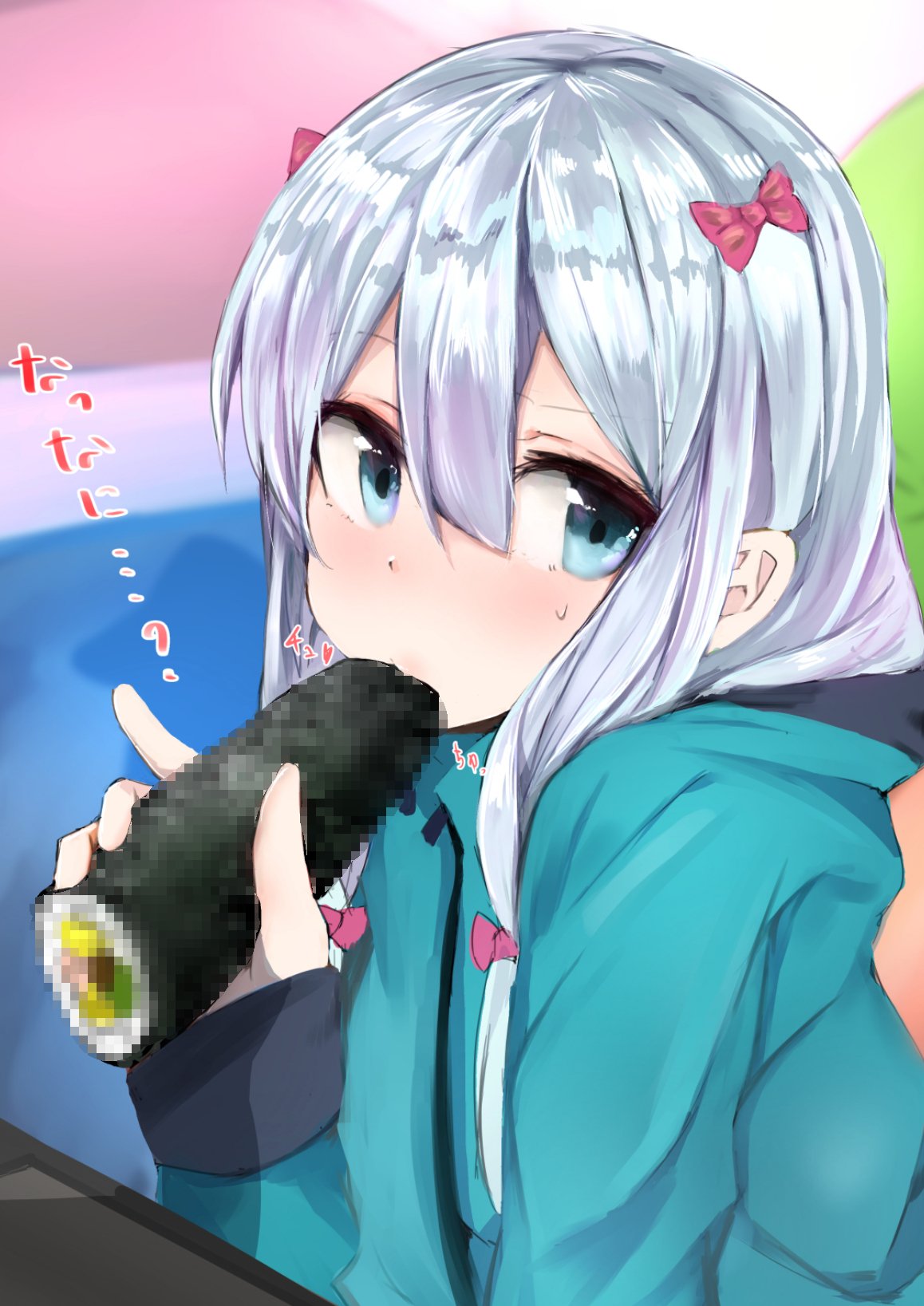 1girl blue_eyes bow censored eating ehoumaki eromanga_sensei food food_in_mouth green_jacket hair_bow highres izumi_sagiri jacket makizushi muoto pink_bow pixelated pointless_censoring silver_hair solo sushi upper_body