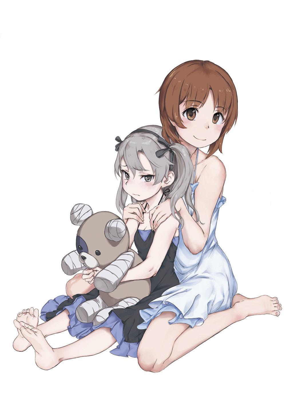2girls bandage barefoot black_dress black_ribbon boko_(girls_und_panzer) brown_eyes brown_hair cast casual closed_eyes closed_mouth commentary dress eyebrows_visible_through_hair frown girls_und_panzer hair_ribbon hands_on_another's_shoulders highres holding holding_stuffed_animal kabotya_to_rantan light_brown_hair long_hair looking_at_viewer multiple_girls petticoat ribbon shimada_arisu side_ponytail simple_background sitting smile spaghetti_strap straddling stuffed_animal stuffed_toy teddy_bear wariza white_dress