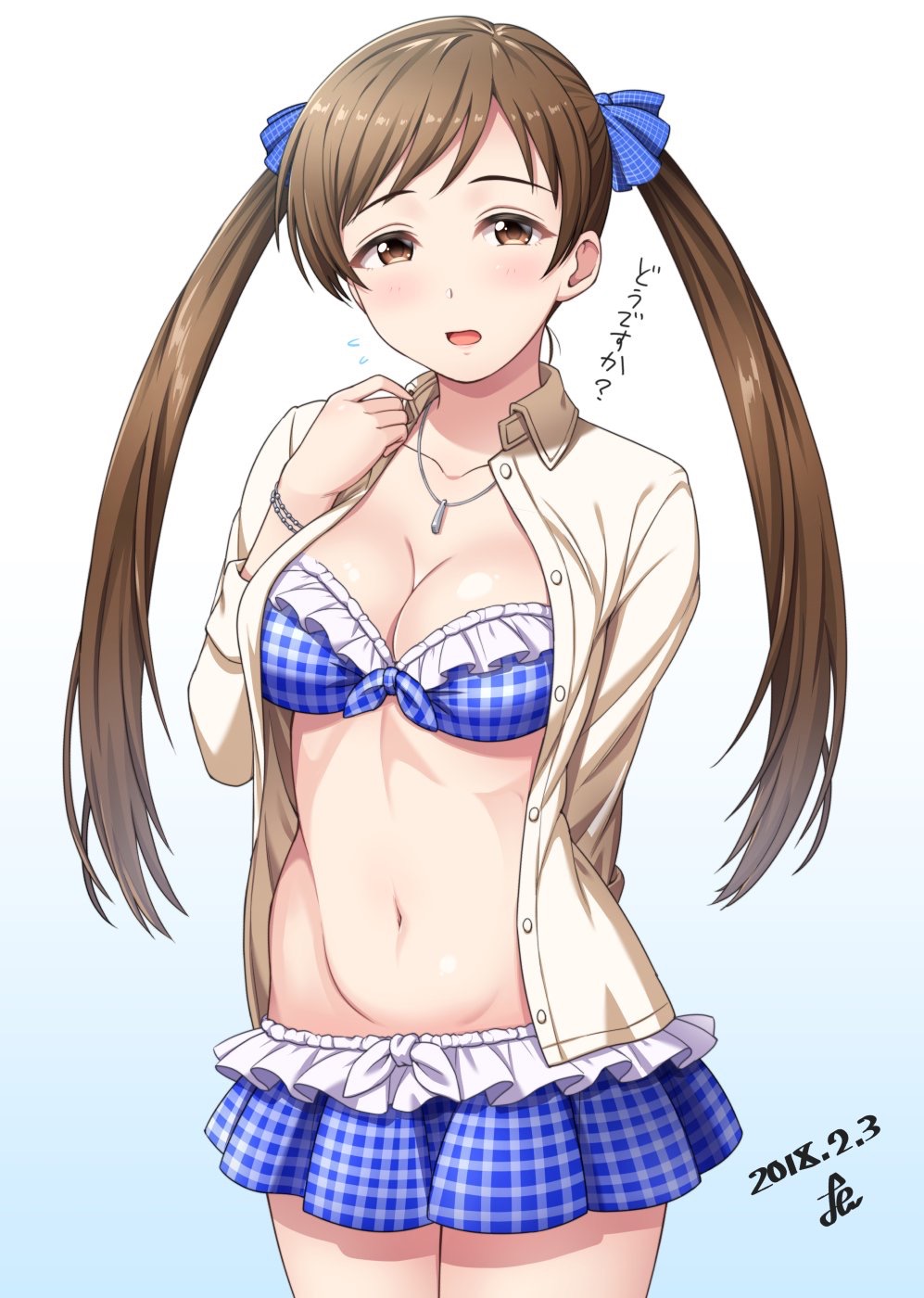 1girl alternate_hairstyle bangs bikini bikini_under_clothes blue_bikini blush breasts brown_eyes brown_hair cleavage collarbone dated dress_shirt flying_sweatdrops gradient gradient_background highres idolmaster idolmaster_cinderella_girls jewelry long_hair looking_at_viewer medium_breasts navel necklace nitta_minami open_clothes open_mouth open_shirt plaid plaid_bikini shirt skirt solo swept_bangs swimsuit twintails yoohi