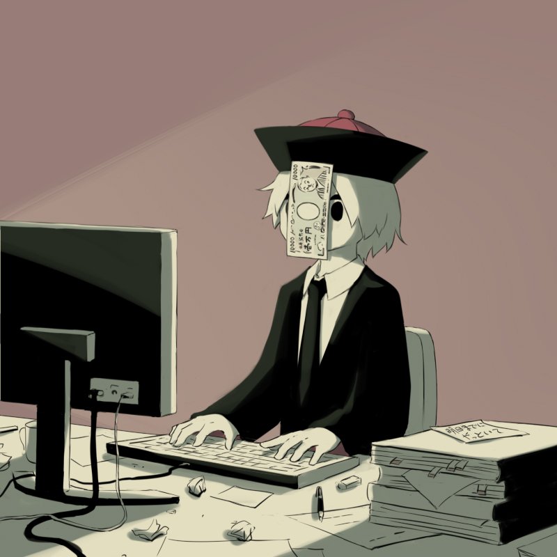1boy avogado6 book commentary_request computer_keyboard formal hat jiangshi male_focus money monitor necktie ofuda original pen sepia_background simple_background sitting suit translation_request typing