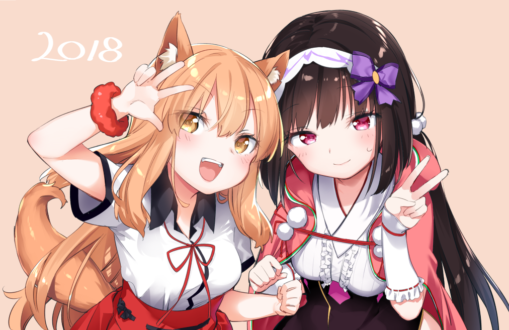 2018 2girls :d animal_ears bangs beige_background black_skirt blush breasts brown_eyes brown_hair center_frills closed_mouth collared_shirt commentary_request eyebrows_visible_through_hair fate/extra_ccc_fox_tail fate/grand_order fate_(series) fingernails fox_ears fox_girl fox_tail frills hair_between_eyes hood hood_down hooded_cape light_brown_hair long_hair looking_at_viewer medium_breasts multiple_girls open_mouth osakabe-hime_(fate/grand_order) pink_cape red_scrunchie red_skirt scrunchie shirt short_sleeves simple_background skirt smile suzuka_gozen_(fate) sweat tail tousaki_shiina v very_long_hair violet_eyes white_shirt wrist_scrunchie