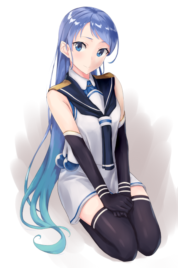 black_gloves black_legwear blue_eyes blue_hair elbow_gloves gloves gradient_hair hiiragii_(hiiragi_0404) kantai_collection long_hair multicolored_hair neckerchief sailor_collar samidare_(kantai_collection) school_uniform serafuku shirt sitting sleeveless sleeveless_shirt thigh-highs very_long_hair