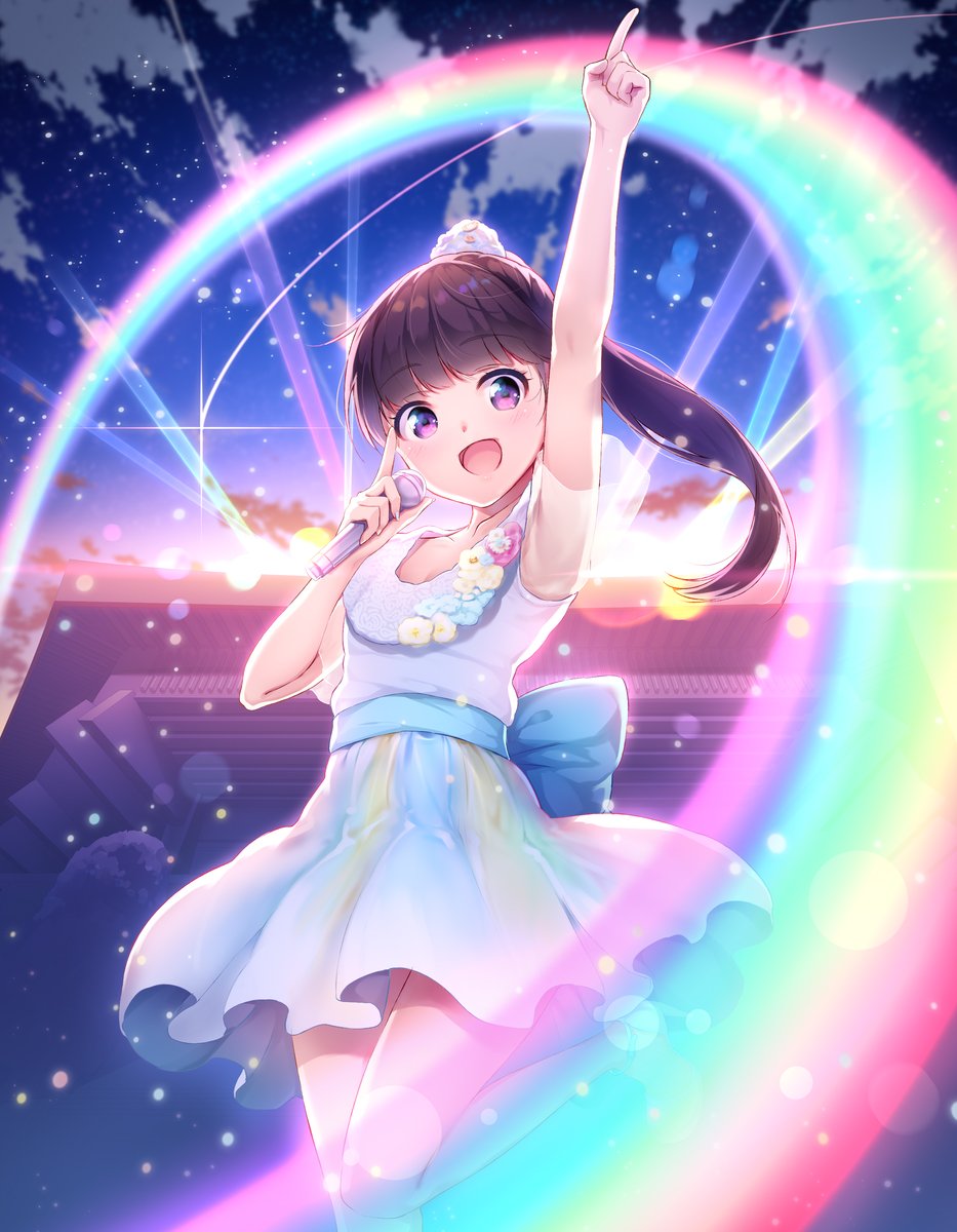 1girl blush brown_eyes brown_hair hair_ornament highres long_hair looking_at_viewer open_mouth ponytail rainbow real_life ribbon seiyuu skirt smile solo sora_from_france touyama_nao