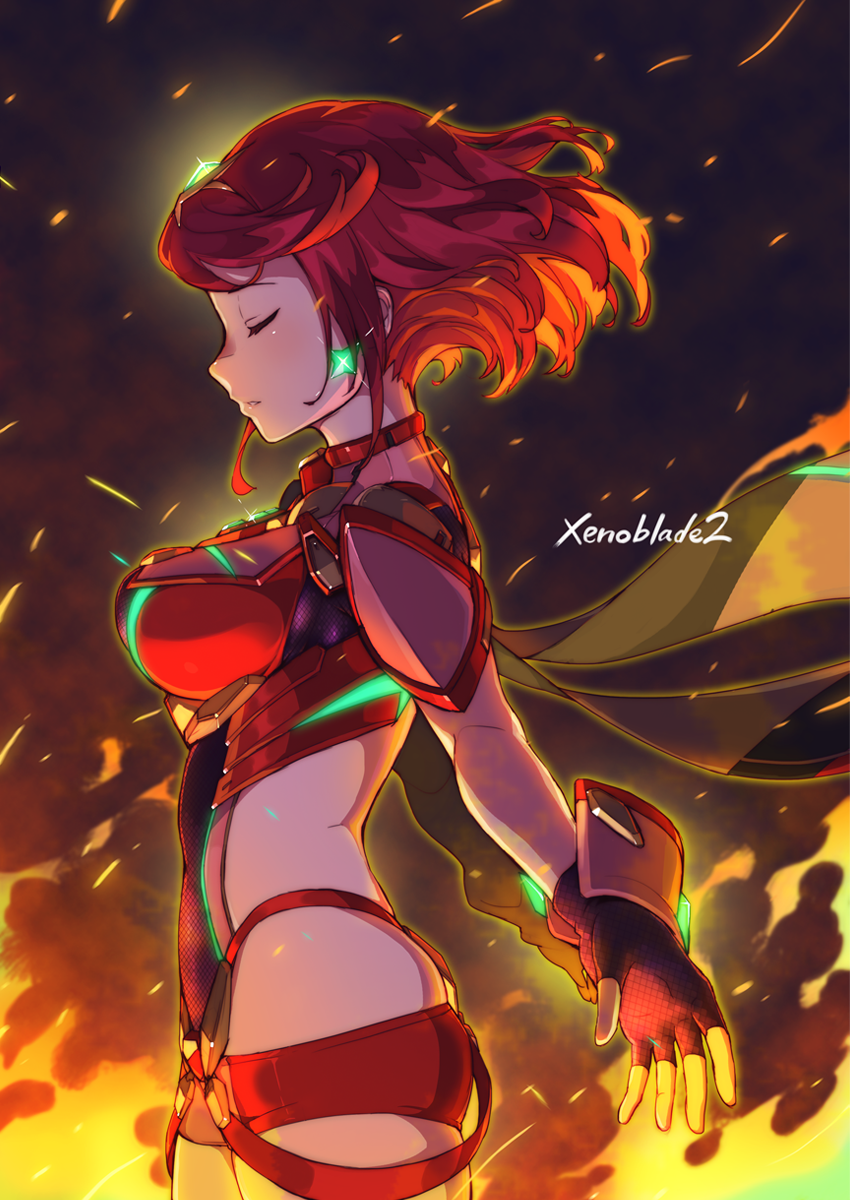 1girl arm_guards blush breasts closed_eyes copyright_name cowboy_shot fingerless_gloves fire flame from_side gem gloves glowing glowing_earrings highres pyra_(xenoblade) jewelry medium_breasts midriff parted_lips profile red_gloves red_shorts redhead short_hair short_shorts short_sleeves shorts skindentation smile solo standing tiara tonami_kanji underbust xenoblade xenoblade_2