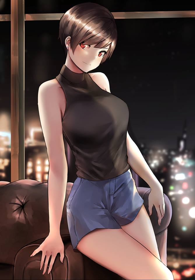 1girl bare_shoulders black_hair black_shirt blue_shorts breasts brown_eyes couch cowboy_shot earrings jewelry large_breasts looking_at_viewer night norman_maggot ol-chan_(norman_maggot) original shirt short_hair shorts sleeveless sleeveless_shirt smile solo