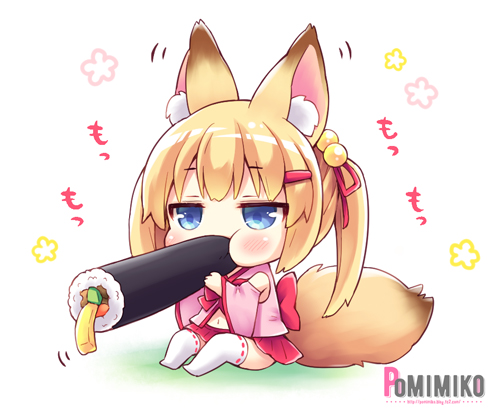 1girl animal_ears artist_name bangs bell blonde_hair blue_eyes blush bow chibi commentary_request detached_sleeves eating ehoumaki eyebrows_visible_through_hair food food_in_mouth fox_ears hair_ornament hairclip holding holding_food jingle_bell kemomimi_vr_channel long_hair looking_at_viewer lowres makizushi mikoko_(kemomimi_vr_channel) open_mouth pomimiko setsubun solo sushi twintails virtual_youtuber wide_sleeves