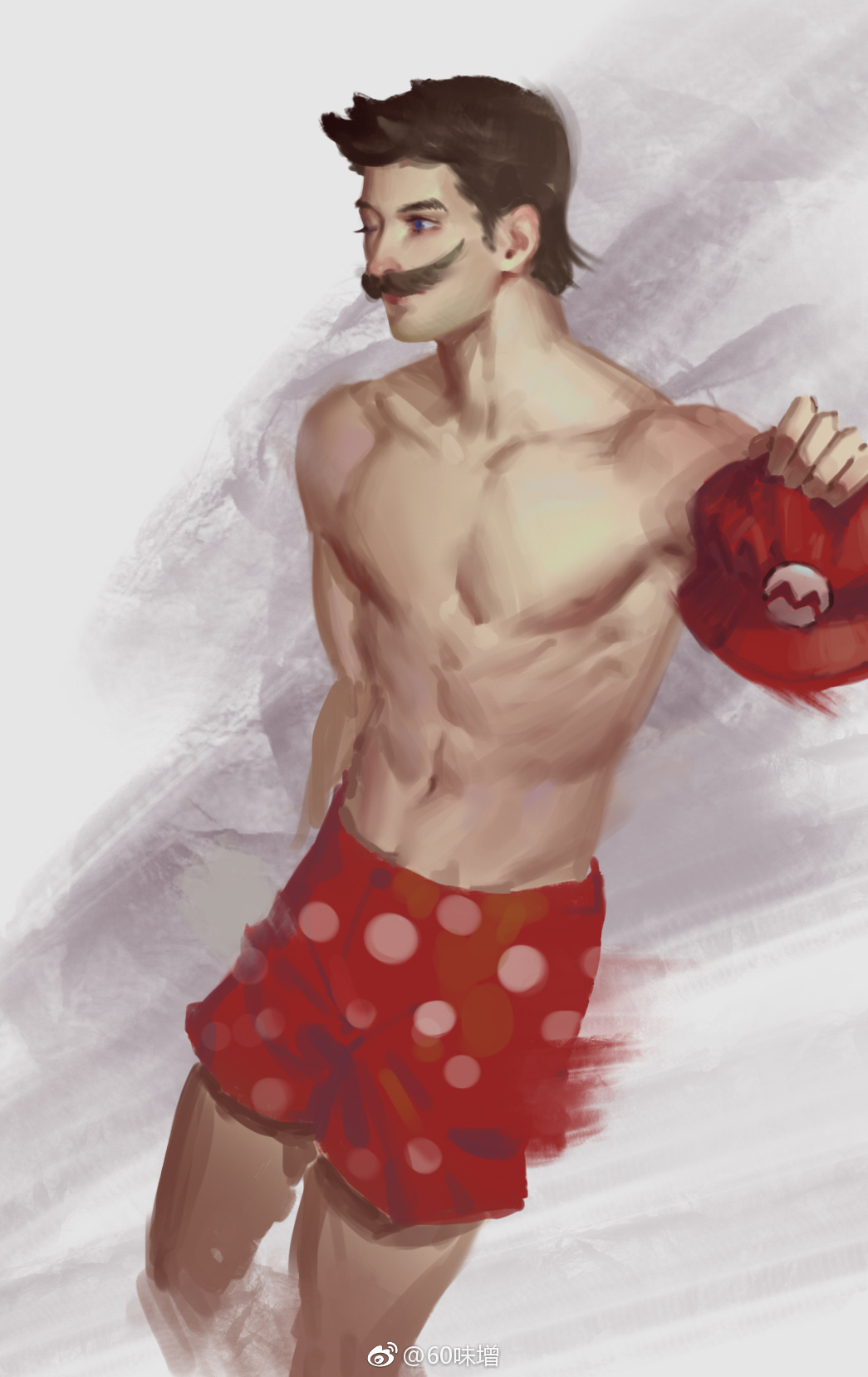 1boy abs blue_eyes brown_hair facial_hair hat hat_removed headwear_removed highres holding holding_hat male_focus male_swimwear mario super_mario_bros. mustache polka_dot realistic shirtless solo str_(str2016) super_mario_odyssey swim_trunks swimwear weibo_username