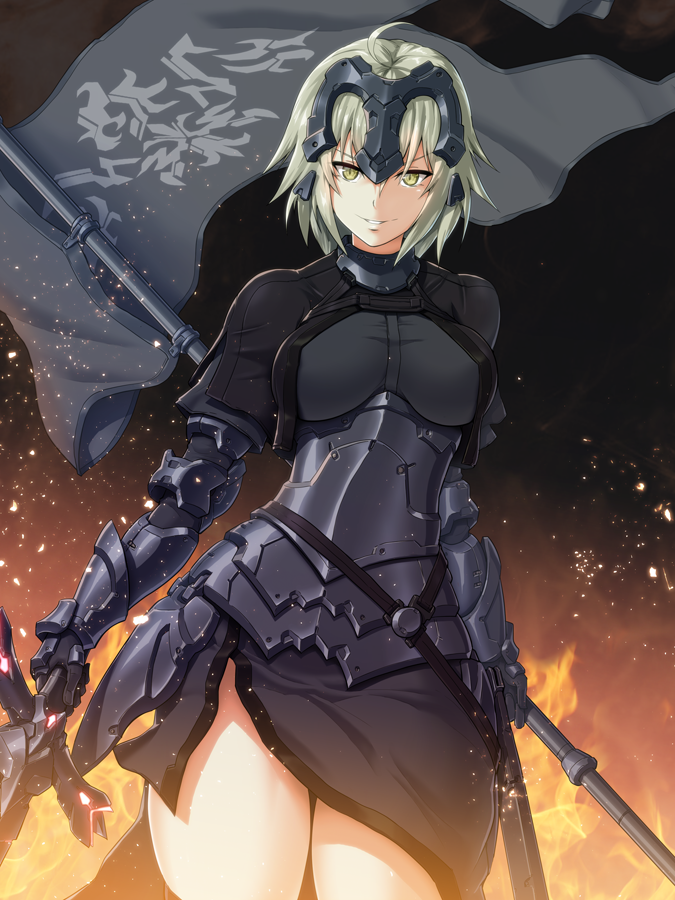 1girl ahoge armor armored_dress backlighting bangs banner black_dress blonde_hair breasts collar corset cowboy_shot dark_bride dress dual_wielding eyebrows_visible_through_hair fate/grand_order fate_(series) fire flame gauntlets headphones holding holding_sword holding_weapon jeanne_d'arc_(alter)_(fate) jeanne_d'arc_(fate) jeanne_d'arc_(fate)_(all) large_breasts light_particles looking_at_viewer nandz parted_lips shiny shiny_hair short_dress short_hair solo standing sword thighs underbust v-shaped_eyebrows weapon yellow_eyes